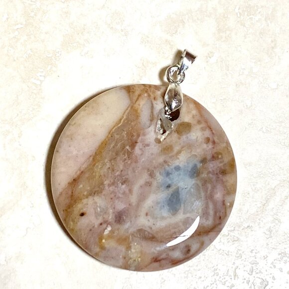 Natural Peachy Agate Pendant, Large Genuine Gemstone Round Coin Pendant - Picture 2 of 12